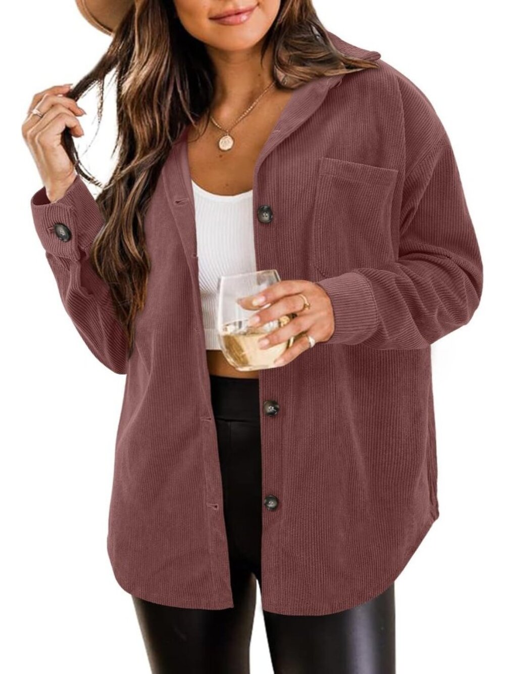 Women's Deep Pink Oversized Corduroy Long Sleeve Button-down Shacket Jacket